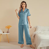 Womens Short Sleeve Silk Pajama Set with Piping Pink Silk Pajamas Haze Blue XS