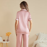 Womens Short Sleeve Silk Pajama Set with Piping Pink Silk Pajamas Rosy Pink XS