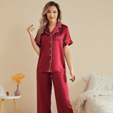 Womens Short Sleeve Silk Pajama Set with Piping Pink Silk Pajamas Claret XS