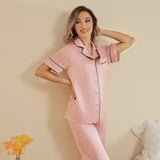 Womens Short Sleeve Silk Pajama Set with Piping Pink Silk Pajamas Rosy Pink XS