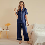 Womens Short Sleeve Silk Pajama Set with Piping Pink Silk Pajamas Navy Blue L