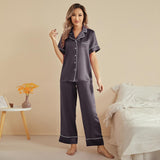 Womens Short Sleeve Silk Pajama Set with Piping Pink Silk Pajamas Dark Gray XS