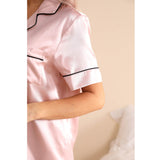 Womens Short Sleeve Silk Pajama Set with Piping Pink Silk Pajamas Rosy Pink XS