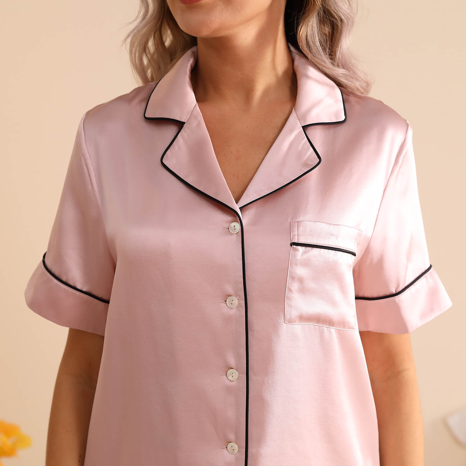 Womens Short Sleeve Silk Pajama Set with Piping Pink Silk Pajamas Rosy Pink XS