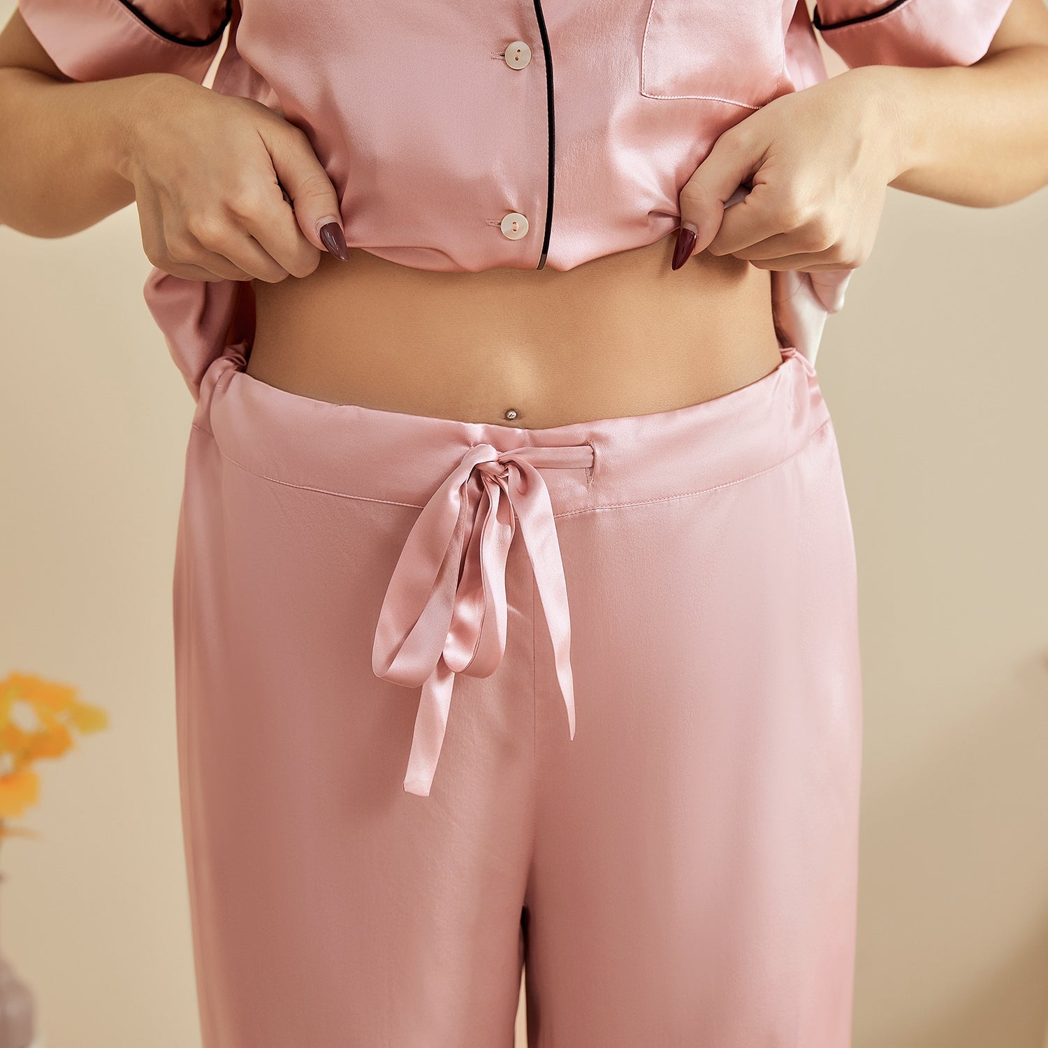 Womens Short Sleeve Silk Pajama Set with Piping Pink Silk Pajamas Rosy Pink XS