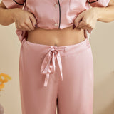 Womens Short Sleeve Silk Pajama Set with Piping Pink Silk Pajamas Rosy Pink XS