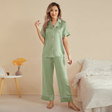 Womens Short Sleeve Silk Pajama Set with Piping Pink Silk Pajamas Avocado Green XS