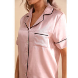 Womens Short Sleeve Silk Pajama Set with Piping Pink Silk Pajamas Rosy Pink XS