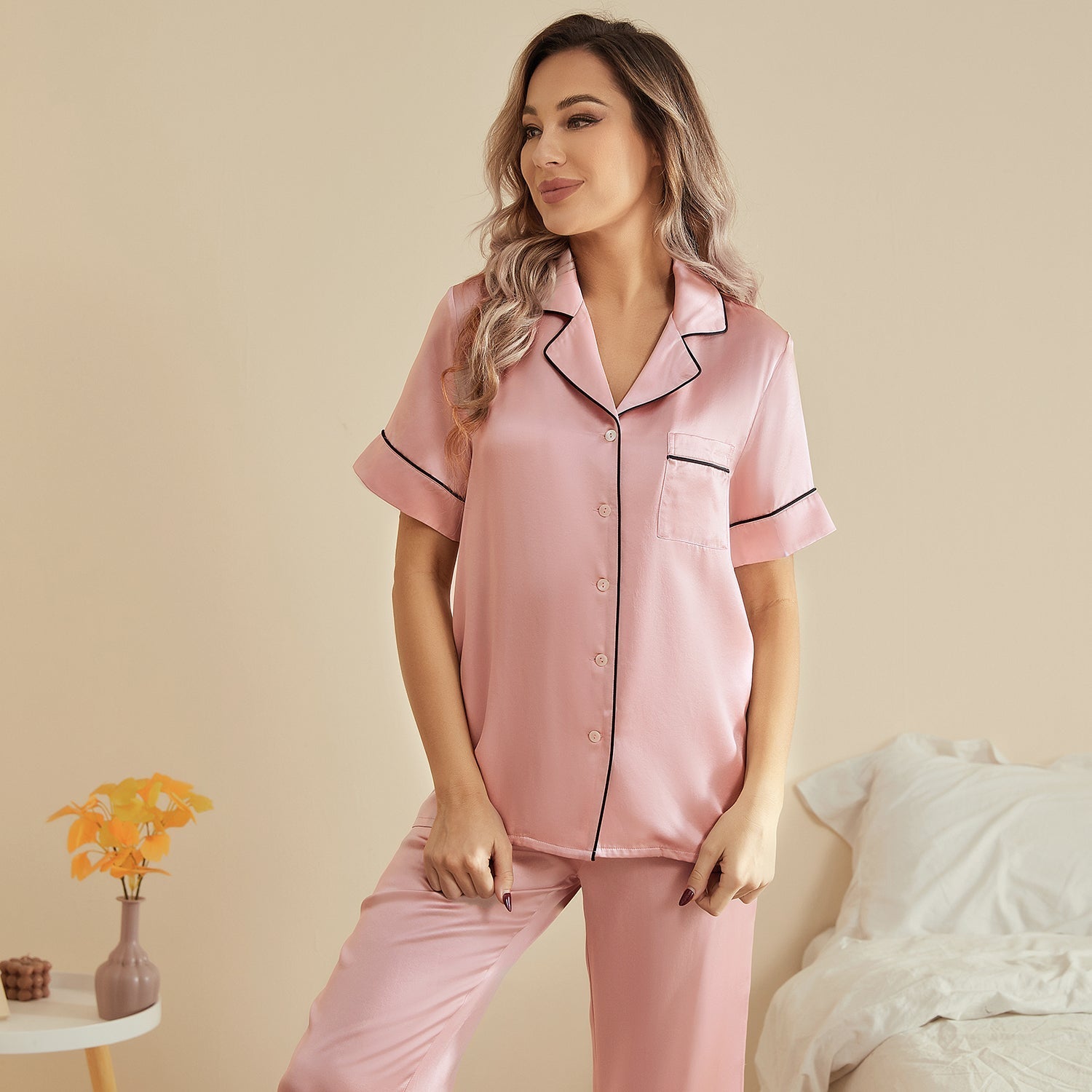 Womens Short Sleeve Silk Pajama Set with Piping Pink Silk Pajamas Rosy Pink XS