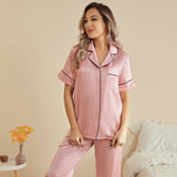 Womens Short Sleeve Silk Pajama Set with Piping Pink Silk Pajamas Rosy Pink XS