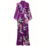 Women Silk Kimono Hand Painted Peacock & Flowers Nightwear Purple One size fits most