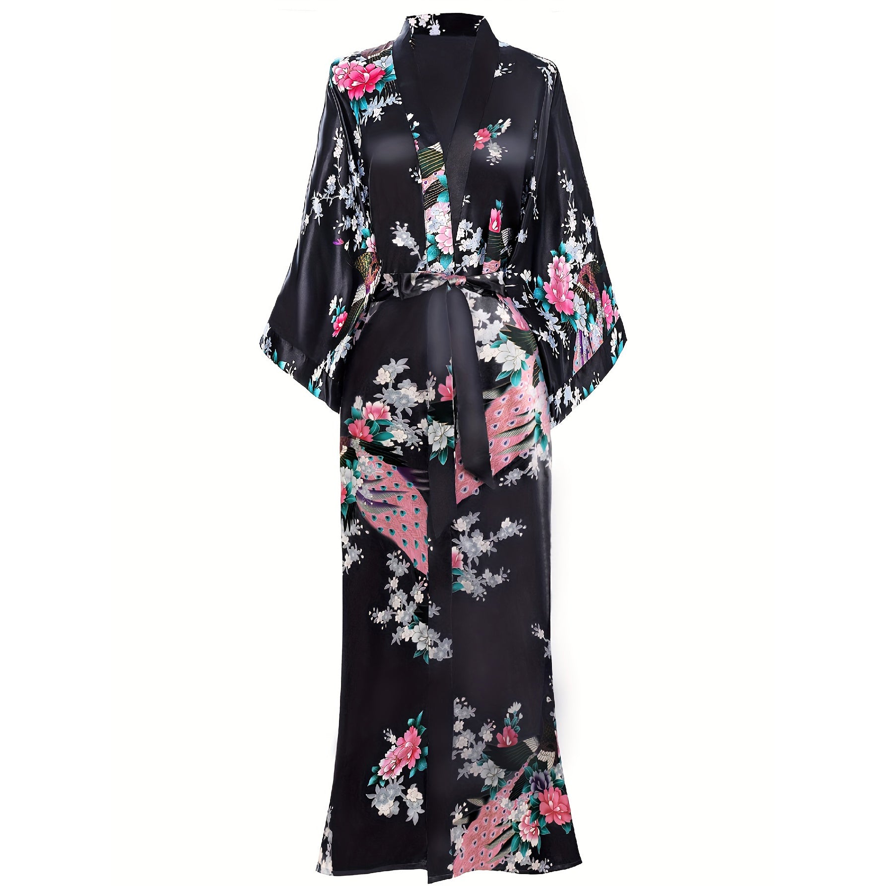 Women Silk Kimono Hand Painted Peacock & Flowers Nightwear Black One size fits most