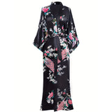 Women Silk Kimono Hand Painted Peacock & Flowers Nightwear Black One size fits most