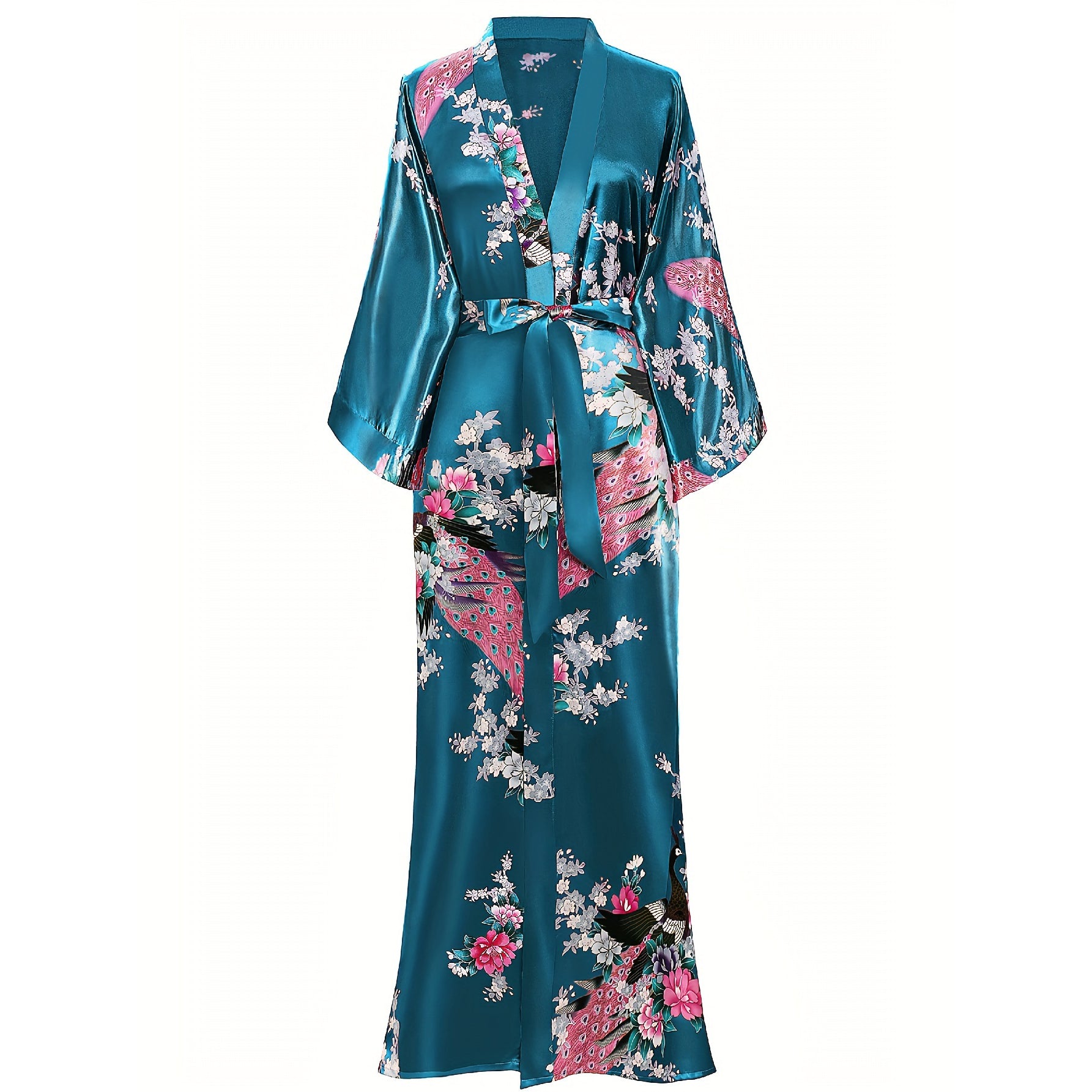 Women Silk Kimono Hand Painted Peacock & Flowers Nightwear Dark Teal One size fits most