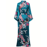 Women Silk Kimono Hand Painted Peacock & Flowers Nightwear Dark Teal One size fits most