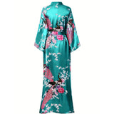 Women Silk Kimono Hand Painted Peacock & Flowers Nightwear Green One size fits most
