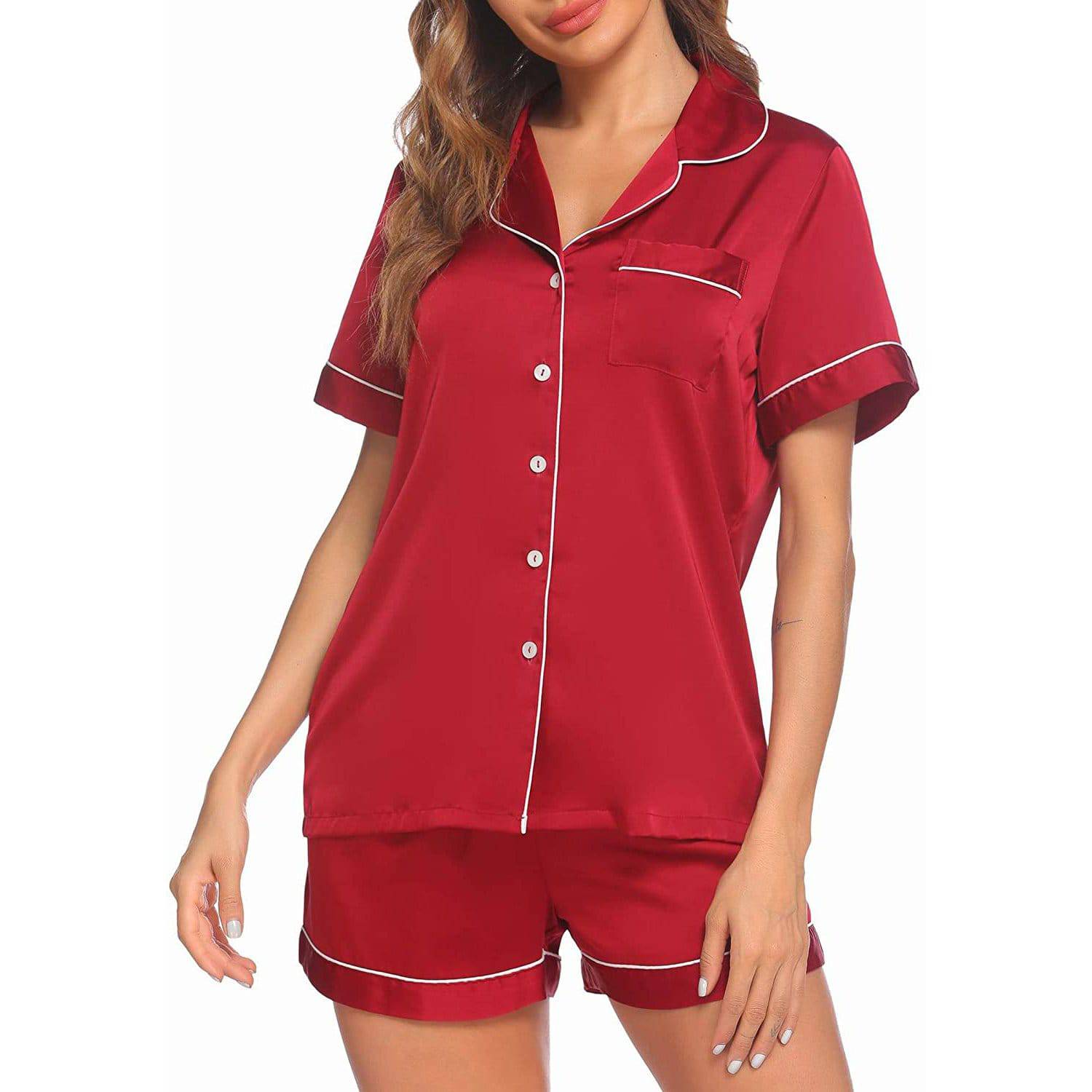 Mulberry Silk Pajamas For Women's Short Silk Sleepwear Red XS