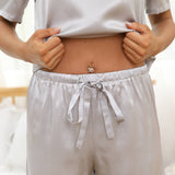 Short Silk Pajama Set For Women V Neck Short Silk Sleepwear Gray XS