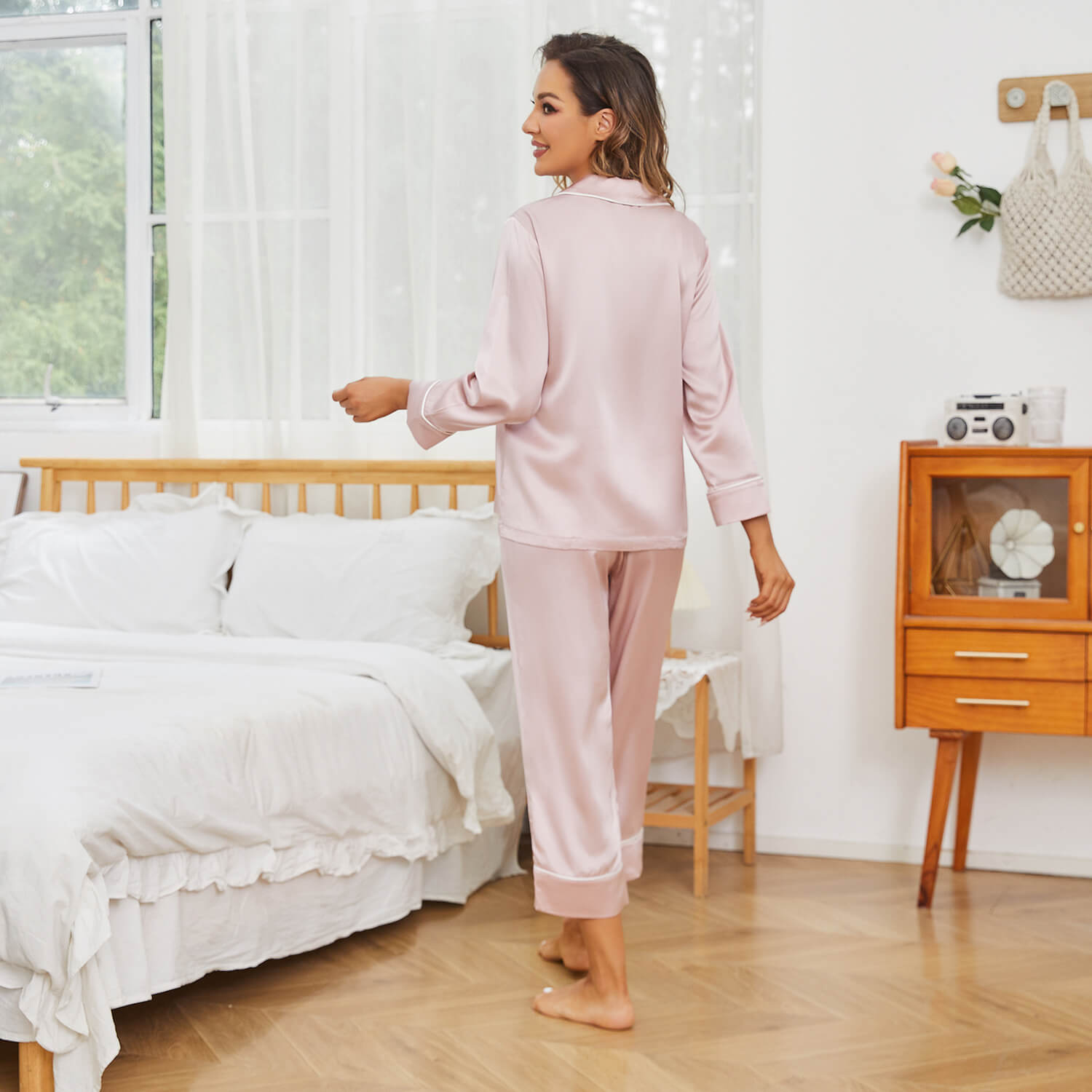 Mulberry Women Silk Pajama Set Pure Full Length Silk Sleepwear Rosy Pink XS