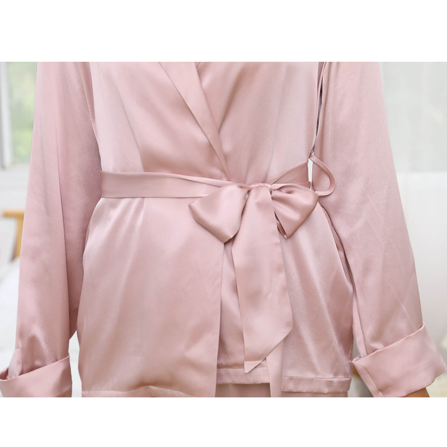 Women's Silk Robe And Pajama Set Long Sleeve Silk Sleepwear Rosy Pink XS