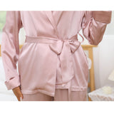 Women's Silk Robe And Pajama Set Long Sleeve Silk Sleepwear Rosy Pink XS