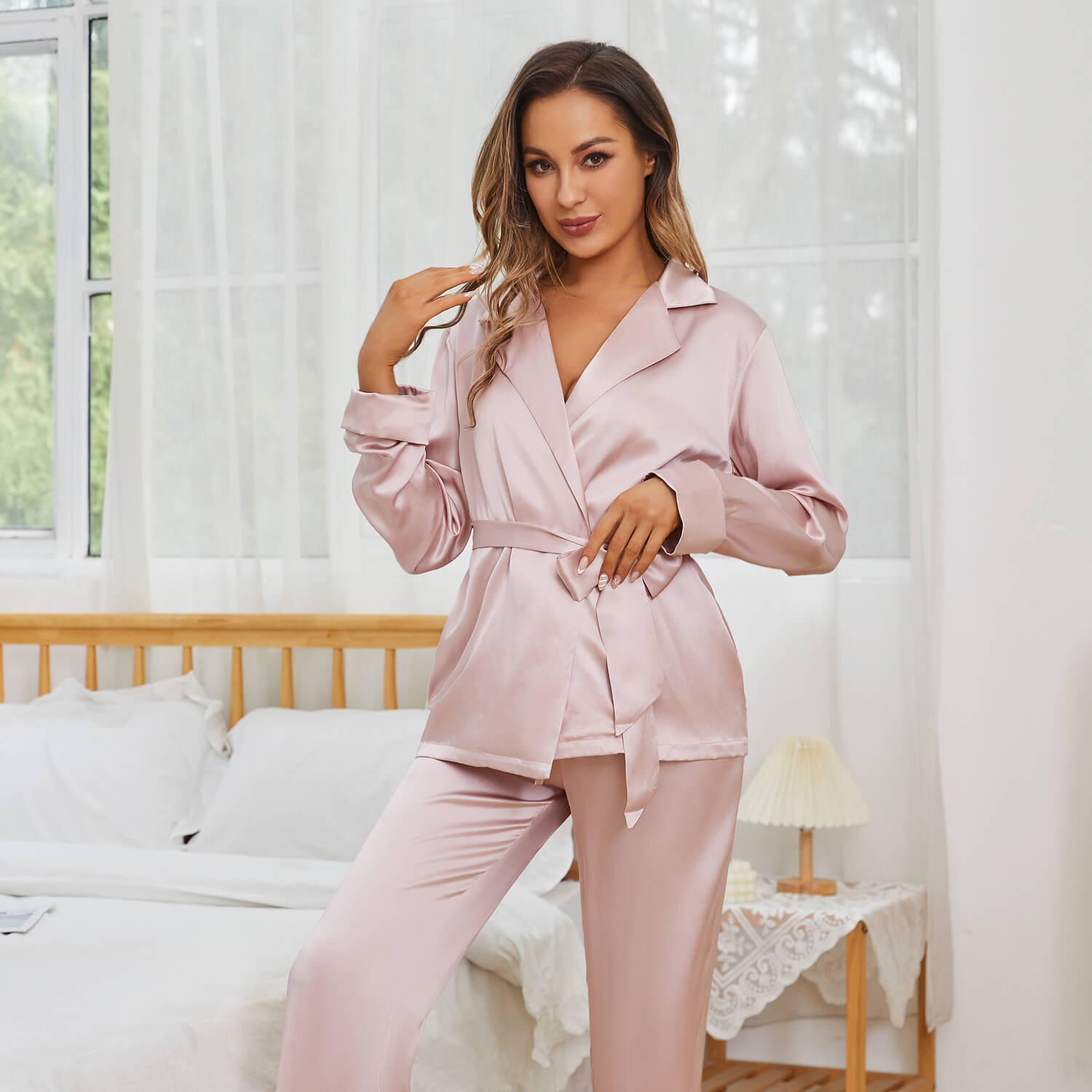 Women's Silk Robe And Pajama Set Long Sleeve Silk Sleepwear Rosy Pink XS