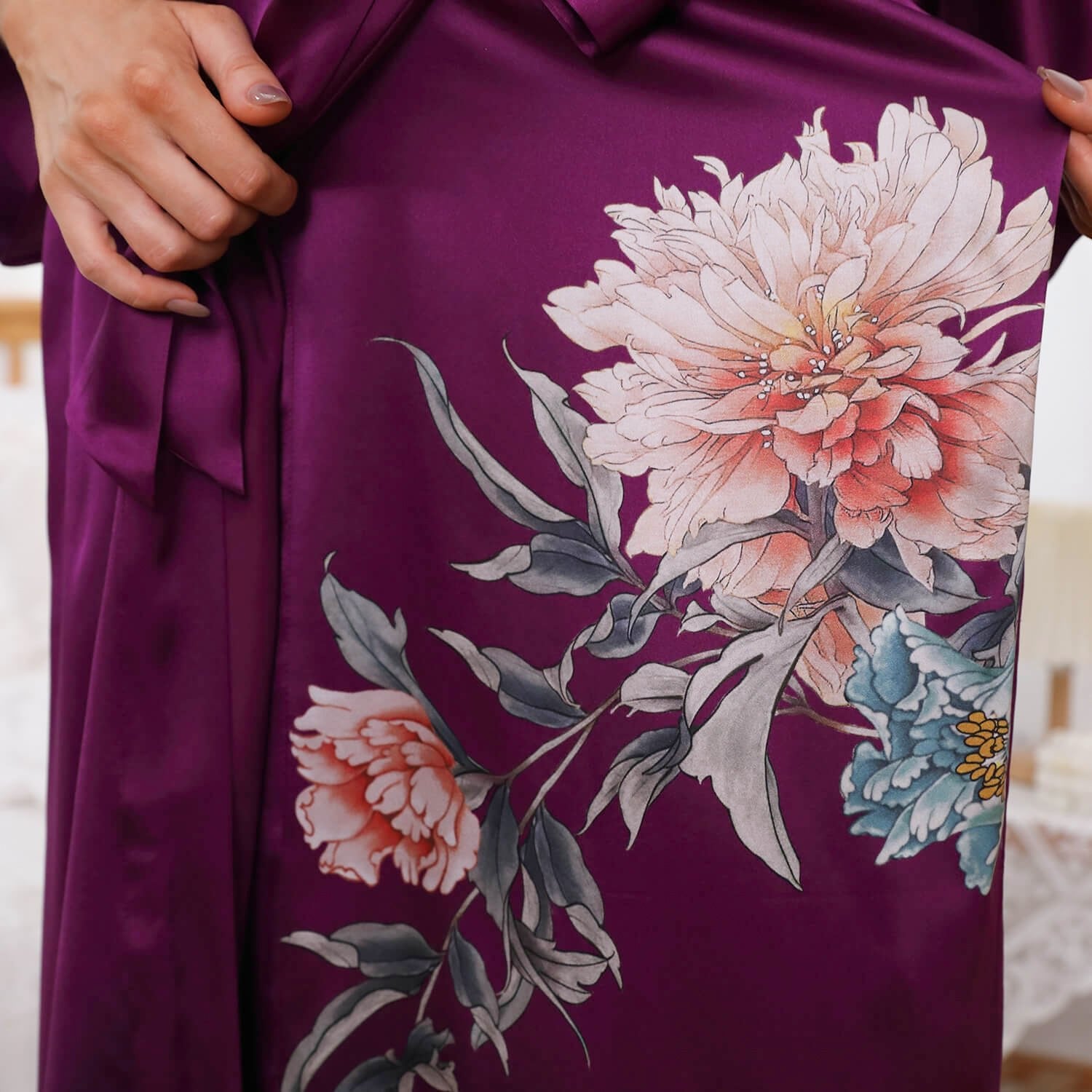 Women Ombre Floral Print Silk Kimono Robe Long 100% Mulberry Silk Robe