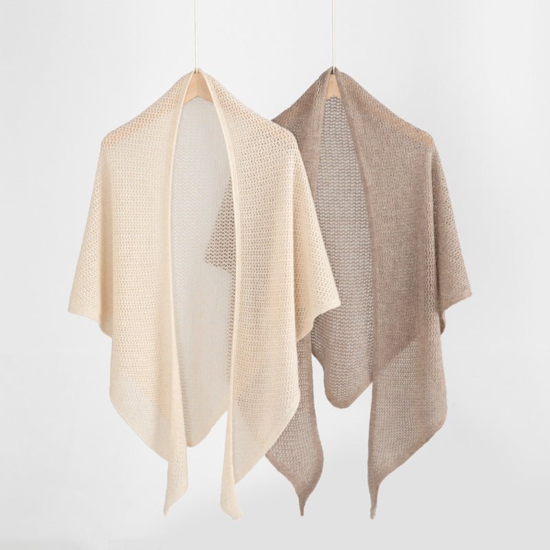 Open Knit Cashmere Cape Shawl Cashmere Triangle Scarf Cashmere Bandana Taupe L