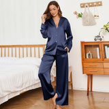 Oversized Womens Silk Pajamas Set With Wide Leg Pants Navy Blue XS