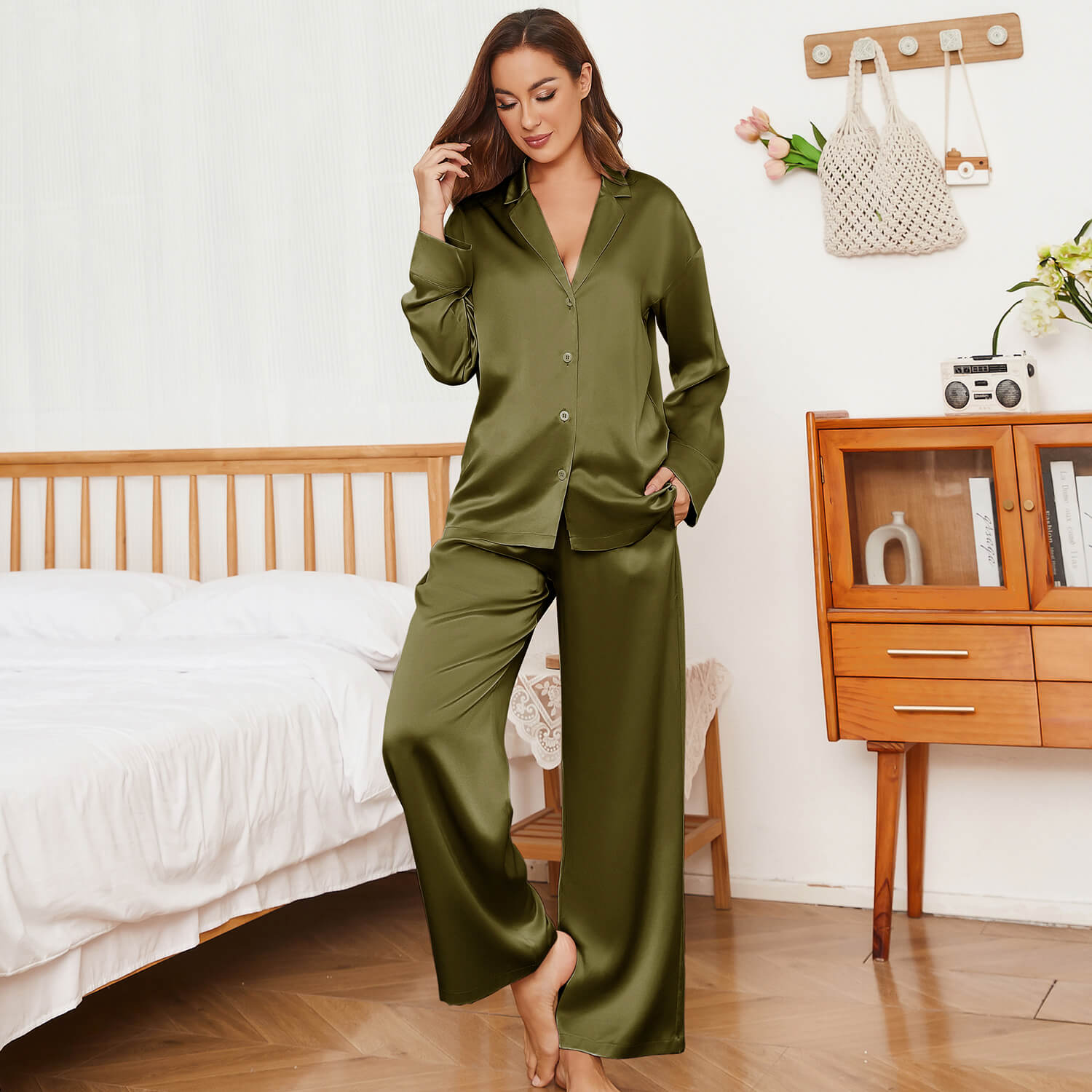 Oversized Womens Silk Pajamas Set With Wide Leg Pants Olive Green XS
