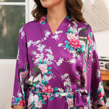 Women Peacock Print Silk Kimono Hand Painted Silk Kimono Purple One size fits most