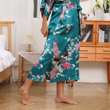 Womens Silk Kimono Peacock and Floral Print Kimono Silk Long Silk Robe Dark Teal One size fits most