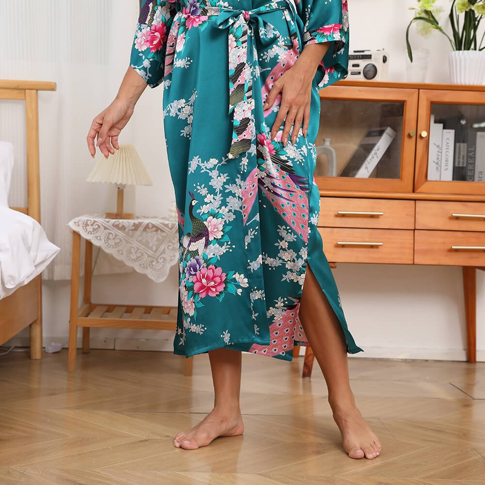 Womens Silk Kimono Peacock and Floral Print Kimono Silk Long Silk Robe Dark Teal One size fits most