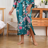 Womens Silk Kimono Peacock and Floral Print Kimono Silk Long Silk Robe Dark Teal One size fits most