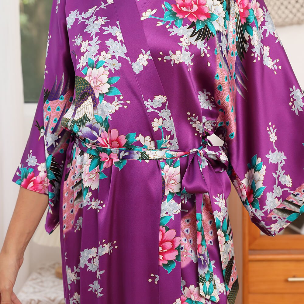 Women Peacock Print Silk Kimono Hand Painted Silk Kimono Purple One size fits most