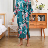 Womens Silk Kimono Peacock and Floral Print Kimono Silk Long Silk Robe Dark Teal One size fits most