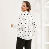 Polka Dots Silk Blouse Bow Tie Neck Silk Button Down Shirt Silk Blouses for Women White XS