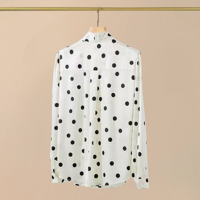 Polka Dots Silk Blouse Bow Tie Neck Silk Button Down Shirt Silk Blouses for Women White XS