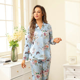 Luxury Print Silk Pajamas Floral Butterfly Silk Pajamas Set Blue XS