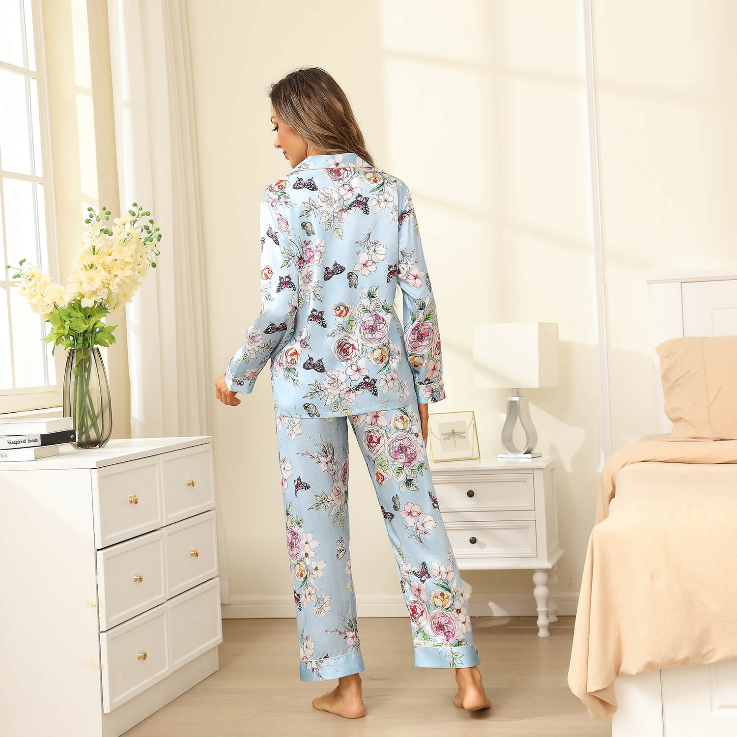 Luxury Print Silk Pajamas Floral Butterfly Silk Pajamas Set Blue XS