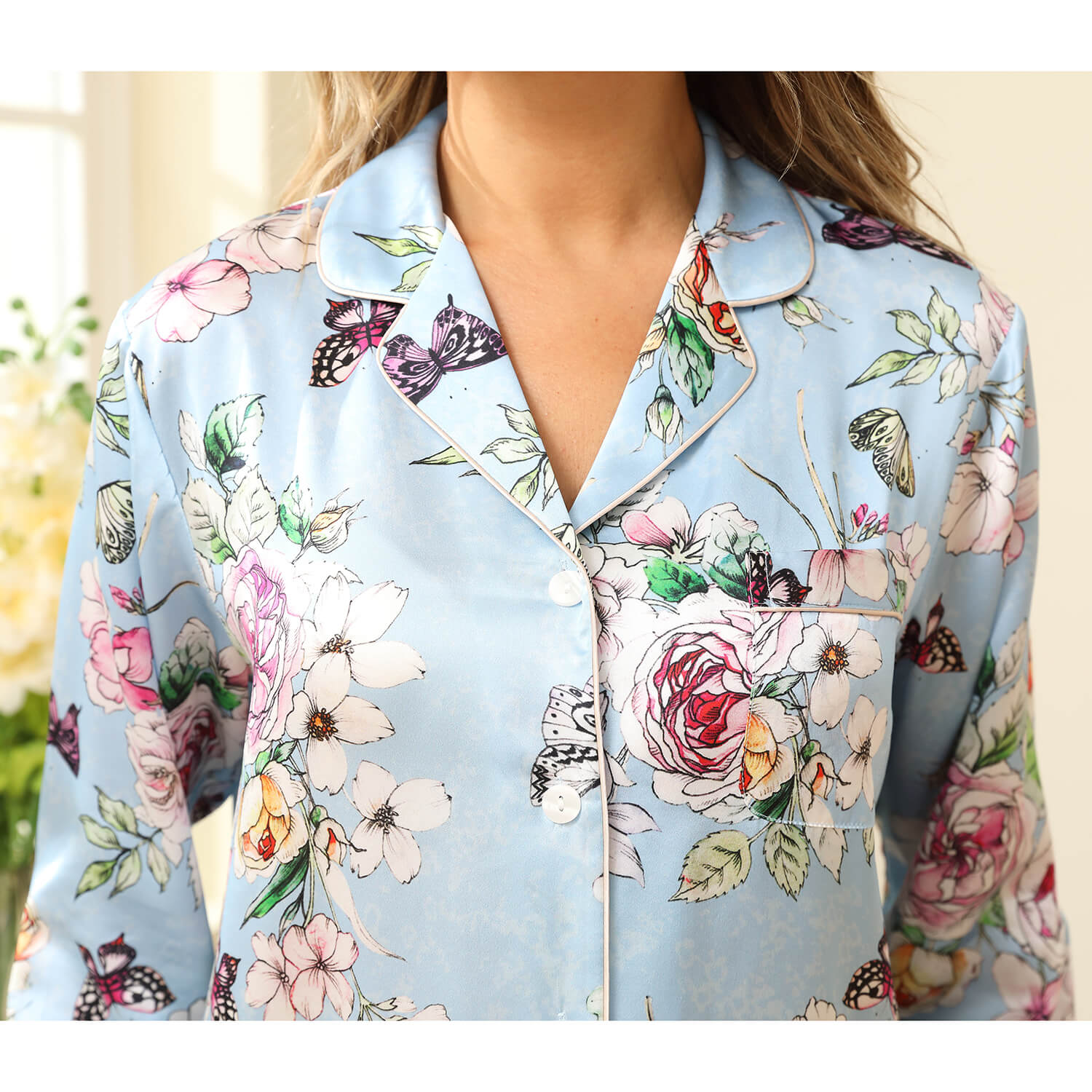Luxury Print Silk Pajamas Floral Butterfly Silk Pajamas Set Pink XS