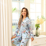Luxury Print Silk Pajamas Floral Butterfly Silk Pajamas Set Blue XS