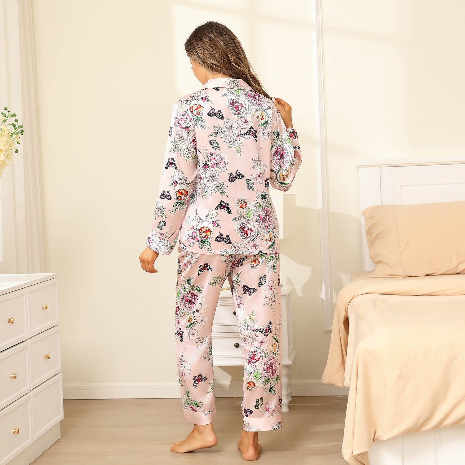 Luxury Print Silk Pajamas Floral Butterfly Silk Pajamas Set Pink XS
