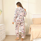 Luxury Print Silk Pajamas Floral Butterfly Silk Pajamas Set Pink XS