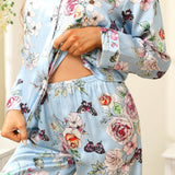 Luxury Print Silk Pajamas Floral Butterfly Silk Pajamas Set Pink XS