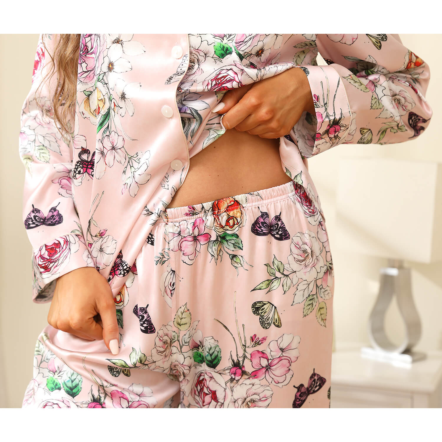 Luxury Print Silk Pajamas Floral Butterfly Silk Pajamas Set Pink XS