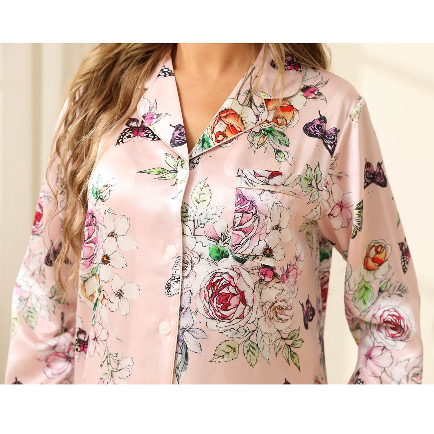 Luxury Print Silk Pajamas Floral Butterfly Silk Pajamas Set Pink XS