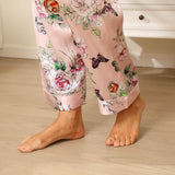 Luxury Print Silk Pajamas Floral Butterfly Silk Pajamas Set Pink XS