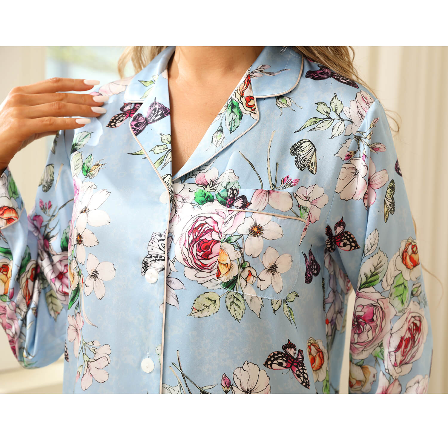 Luxury Print Silk Pajamas Floral Butterfly Silk Pajamas Set Pink XS