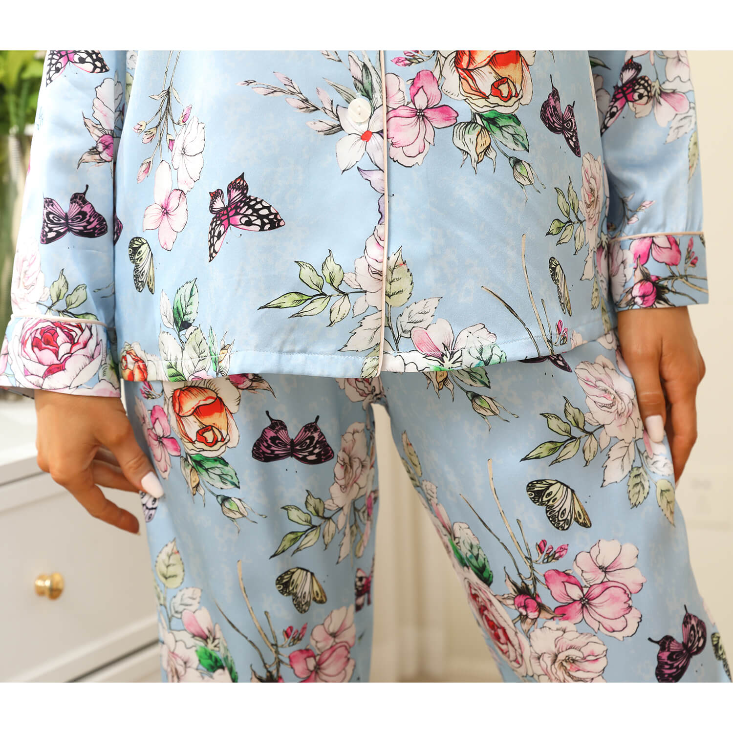 Luxury Print Silk Pajamas Floral Butterfly Silk Pajamas Set Pink XS